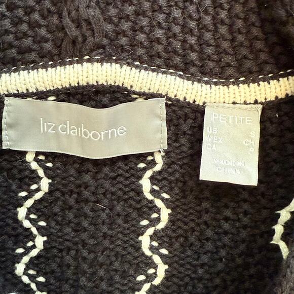 Liz Claiborne Black Cotton Zip Front Hooded Cardigan Sweater Pom Pom Drawstring - Picture 6 of 6